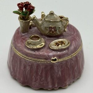 Miniature Monet TEA FOR TWO Table Set Enamel Trinket/Pill Box Hinged Magnetic